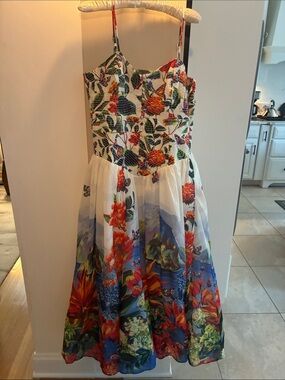 Anthropologie White Floral Spaghetti-Strap Dress with Blue Hem